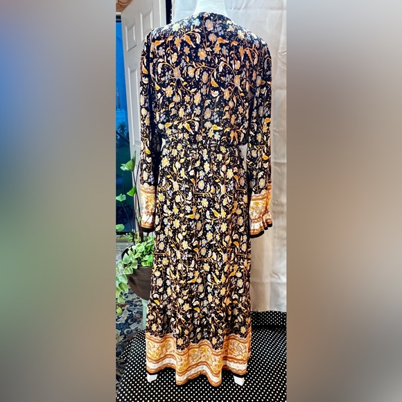 V Neck Boho Floral Print Fall Maxi Dress Yellow XL - Picture 9 of 9